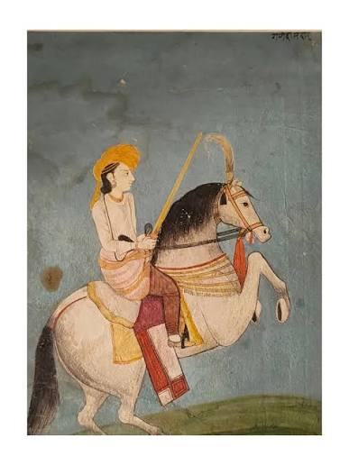 P-354, This artwork appears to be a hand-painted traditional Indian miniature painting on vintage-style paper, depicting a royally decorated stallion in the classic Rajasthani or Mughal style. DM if interested or for