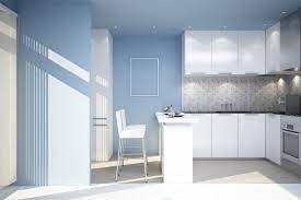 Even traditional kitchens can look great with an accent wall! Kitchen Blue Paint Colours For Kitchen Walls With White Kitchen Cabinets And Modern Recessed L Blue Kitchen Walls Blue Kitchen Color Ideas Light Blue Kitchens