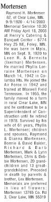 Obituary for Raymond H. Mortensen, 1920-2003 (Aged 82)