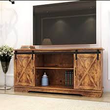 It slides open and closed, stays put, and is never in the way. Amazon Com Farmhouse Sliding Barn Door Tv Stand For Tvs Up To 65 Home Living Room Entertainment Center Wood Storage Cabinet With Doors And Shelve Rustic Wood Electronics