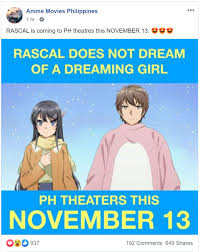 World cosplay summit philippines 2019 national qualifiers. Rascal Does Not Dream Of Dreaming Girl Releases In Ph Theaters In November
