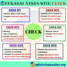 Phrasal Verbs With Check Check Off Check Out Check In Check By English Study Online Learn English Words English Study English Phrases