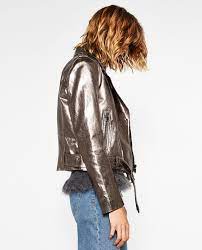 Image 1 Of Metallic Leather Jacket From Zara Leather Jackets Women Grey Leather Jacket Moto Jacket Outfit