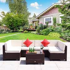 Cloud Mountain Cocoa Wicker 7 Piece Patio Sectional Sofa Set With Beige Cushions Walmart Com Patio Sectional Patio Garden Patio Furniture