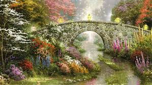 I love disney, and love the artwork of thomas kinkade so i was excited to receive this item. Hd Wallpaper Garden And Bride Thomas Kinkade Painting Bridge Flowers Stream Wallpaper Flare
