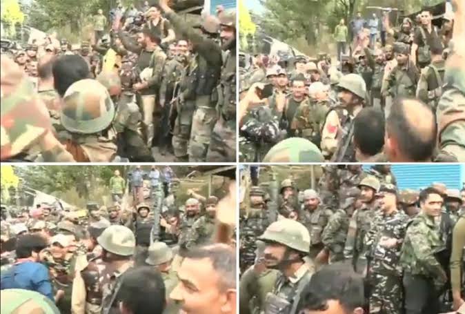 Image result for Jammu & Kashmir: Indian troops celebrate after eliminating  three terrorists