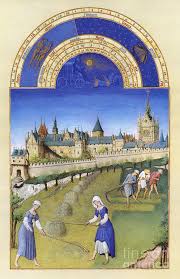 Book Of Hours June Mowing Raking And Stacking Hay On The Outskirts Of Paris In June Illumination From The 15 Illuminated Manuscript Book Of Hours Medieval
