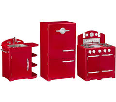 red retro kitchen sink, icebox & oven