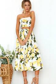 White Lemon Print Shirred Bandeau Pleated Casual Two Piece Dress Floral Dresses With Sleeves Piece Dress Two Piece Dress