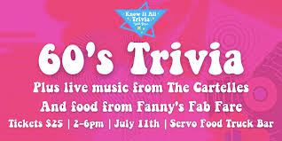 Pop music quizzes about songs, albums, lyrics and musicians from the 1960s. 1960s Trivia Featuring The Cartelles Port Kembla Live Music