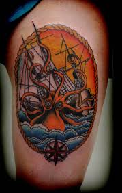 Tattoo By Lou Shaw Of Four Aces Tattoo In Aldinga Beach South Australia Thigh Piece With A Kraken Taking Down A S Ace Tattoo Traditional Tattoo Kraken Tattoo
