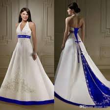 Discount Court Train Ivory And Royal Blue A Line Wedding Dresses Halter Neck Open Back Lace Up Custom Made Embroidery Wedding Bridal Gowns Best Price Wedding Dr Blue Wedding Gowns Blue