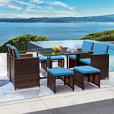 Sigtua outdoor garden patio set double chair sofa glass table armchairs 4 seater. Amazon Com Gunji 9 Pieces Patio Dining Sets Outdoor Table And Chairs Patio Dining Table Set With Space Saving Rattan Chairs Patio Furniture Sets Cushioned Seating And Back Blue Garden Outdoor