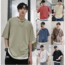 Korean Style Men S Oversize Fake Two Pieces Hlaf Sleeve T Shirts In Plain Green Red Blue Kahki Shopee Singapore
