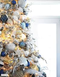 Flocked Christmas Tree Decor Blue Silver Gold Citrineliving Blue Christmas Tree Decorations Gold Christmas Decorations Blue Christmas Decor