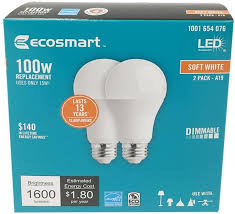 Ecosmart 100w Soft White 2700k A19 Dimmable Led Light Bulbs 1600 Lumens Each 2 Pack Amazon Com