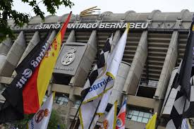 Outside view of santiago bernabeu stadium with a logo of real madrid. Outside Santiago Bernabeu Stadium In Madrid Spain