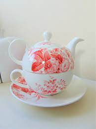 Laura Ashley One Person Teapot Cup And Saucer Set Red And White Bone China Tea Pots Cup And Saucer Set Cup And Saucer