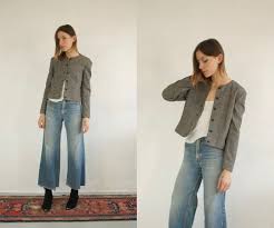 Black And White Plaid Cropped Blazer Pendleton Crop Blazer Vintage Houndstooth Black White Light Cropped Suit Jacket Petite Slim Fit Checkered Pl Light Jackets Women Cropped Blazer Light Jacket