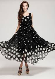 Black And White Polka Dot Chiffon Fabric Black Polka Dot Round Neck Chiffon Maxi Dress Black Chiffon Maxi Dress Fashion Polka Dot Maxi Dresses