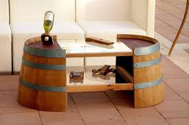 Coffee Table Made From Half A Wine Barrel The Top Of The Table Utilizes The Purple Side Of The Barrel L Barrel Furniture Wine Barrel Furniture Barrel Projects