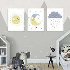 Cute Cloud Sun Moon Stars Nursery Art Prints Set Of 3 Pastel Toddler Children Baby Kids Room Decor Gender Moon Stars Nursery Kid Room Decor Star Nursery Art