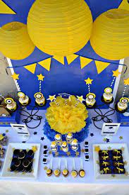Pink, blue, and yellow birthday decorations with banner ready for your text. Blue And Yellow Graduation End Of School Party Ideas Photo 3 Of 19 Blue Graduation Party Yellow Party Decorations Graduation Party Decor