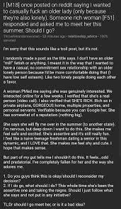 R4r has rules against spam. Relationships Txt On Twitter I M18 Once Posted On Reddit Saying I Wanted To Casually Fuck An Older Lady Only Because They Re Also Lonely Someone Rich Woman F51 Responded And Asked Me To