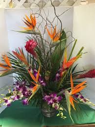 Bird Of Paradise Arrangement Tropical Floral Arrangement With Birds Of Paradise Heliconia Purple Dendrobium Orchids And Re Tropical Floral Arrangements Flower Arrangements Hawaii Flowers