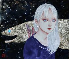 yamashita chisato on instagram 羅鱶 2019年 f10号 和紙 岩絵具 銀箔 深海サメ ラブカ をモチーフとして描いた作品です 名前の由来は布地の 羅 からきており サメにしてはつるつるしたラブカの肌が羅の手触りのようだからだそうで japanese art art anime