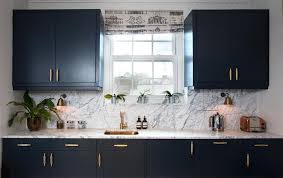 Farrow Ball Hague Blue Kitchen Cabinets With Brass Accents And Grey Marble Woodwork Is Farrow Ball All Wh Trendy Kitchen Backsplash Kitchen Marble Kitchen