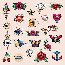Set Of Color Tattoos At Traditional Vintage Style Small Symbols Old School Tattoo Designs Traditional Tattoo Flowers Traditional Tattoo Old School