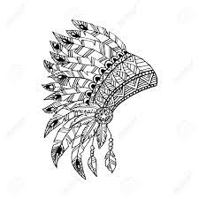 Indian skull with headdress feather accessories holding axes line art black and white. Line Art Hand Drawing Native American Indian Chief Headdress Royalty Free Cliparts Vectors And Stock Illustration Image 106454338