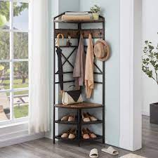 Vintage Corner Hall Tree With Shoe Bench Entryway Coat Rack With 6 Double Hooks Retro Brown In 2021 Corner Hall Tree Entryway Coat Rack Hall Tree