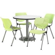 Silver Base Cafe Table With Four Kool Stack Chairs 36 Round Table And Chair Sets Pedestal Table Nook Dining Set