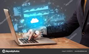 Hand Typing On Laptop Graphs And Charts And Reports Concept