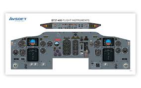 Wide multifunctional displays are used to display flight information. B737 400 Cockpit Poster