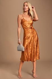 Calla Love Rust Orange Jacquard Satin Slip Dress Orange Cocktail Dresses Orange Midi Dress Rust Dress