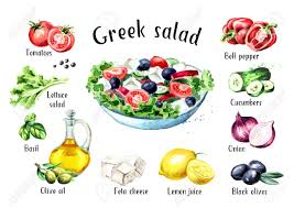 Greek Salad Ingredients Set Watercolor Hand Drawn Illustration Lebensmittel Essen Rezepte Essen