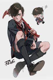 qin (7833198), the umbrella academy, highres, 2boys, animification, aqua  eyes, axe, black footwear, black necktie, black shorts, black socks,  blazer, blood, blood on clothes, blood on face, character name, chibi,  closed mouth,