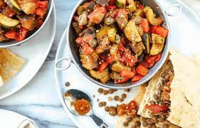Colorful Caponata With Lentils In Warm Pita Blue Zones Vegetarian Recipes Healthy Vegetarian Bean Recipes Clean Eating Dinner