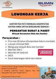 Jun 07, 2021 · sedangkan pada 2020, diusulkan lokus penilaian yang berbeda, yaitu pada kantor pertanahan kota bogor, jawa barat. Lowongan Kerja Pengantar Surat Dan Paket Kantor Pos Rembang Wilayah Bulu Dan Sumber Lowongan Rembang