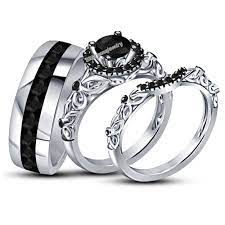 Round Black Diamond Trio Set His Her Engagement Ring Wedding Band 14k White Gold Black Wedding Rings Silver Ring Set Gothic Wedding Rings