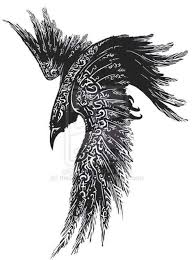 A magnificent tattoo of three ravens standing in a circle on a shoulder blade. Flying Celtic Raven Tattoo Design