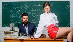 Lustful Tutor. Experimenting With Feelings. Attractive Teacher Latex Skirt.  Cheeky Teacher. Impudent Student. Flirting Colleague. Girl Sexy Buttocks  Sit Table. Everyone Dreaming About Such Teacher Stock Photo, Picture and  Royalty Free Image.
