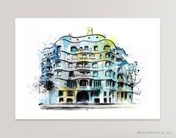 mila house barcelona print la pedrera paiting gaudi house art etsy posters art prints barcelona print sketch painting
