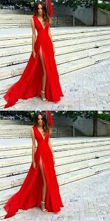 Charming A Line Deep V Neck Split Front Red Chiffon Floor Length Prom Dress Prom Dresses Sleeveless Red Evening Dress Red Prom Dress