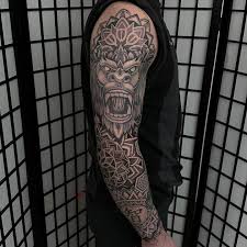 Finished this one up for Harry today, cheers mate • • • gorilla  gorillatattoo tattoo tattoos tattooartist mandalatattoo sleeve  sleevetattoo dotwork dotworktattoo