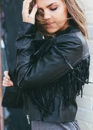 Feeling Our Black Fringe Leather Jacket On Kristen Rose Davis Get This Edgy Street Style Look By Pairing Fringe Leather Jacket Fringe Jacket All Black Outfit