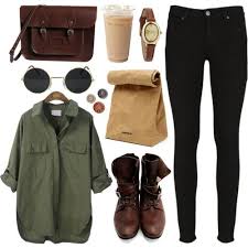Green Black And Brown Outfits Army Green Black Skinny Jeans Dark Brown Boots And Satchel Cool Shades This Is So 90s Grunge Fashion Clothes Outfits
